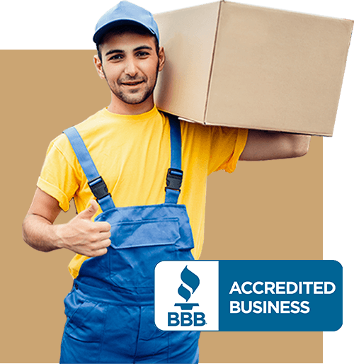 Man carrying box, BBB Accredited Business Logo