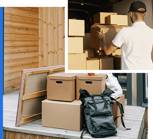 Man loading vehicle with packages, Unloaded packages