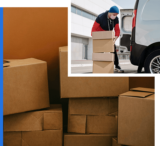 Man unloading packages, Package boxes